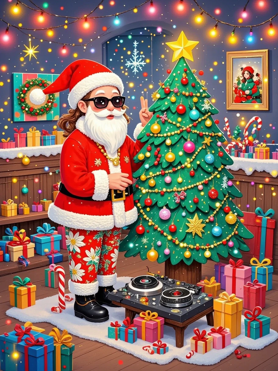 Illustration Art，The art of aesthetics，一幅 full of energy 的酒吧场景。 standing next to a large green speaker ，Wearing cool sunglasses、Red Christmas Hat ， wearing a red and white Christmas jacket ， revealing a golden necklace at the neckline 。 He has a thick white beard ， Yao's DJ backstage ，旁边立着一台green色的大型音响， on the sound 。 people wear Stylish costumes dance to music ， with black boots 。The bar is dimly lit， colored laser light blazing around ， skillfully operates black DJ equipment with both hands 。 Santa wears brightly colored floral patterned pants {x} The wall behind Santa is decorated with stickers and flashing neon lights with various Christmas elements。 with dynamic notes floating in the air ， with colorful lights on the sound 。 in perspective with DJ Dai Ping Qi ，The whole picture is colorful，The red、green、Blue predominantly， full of energy 。