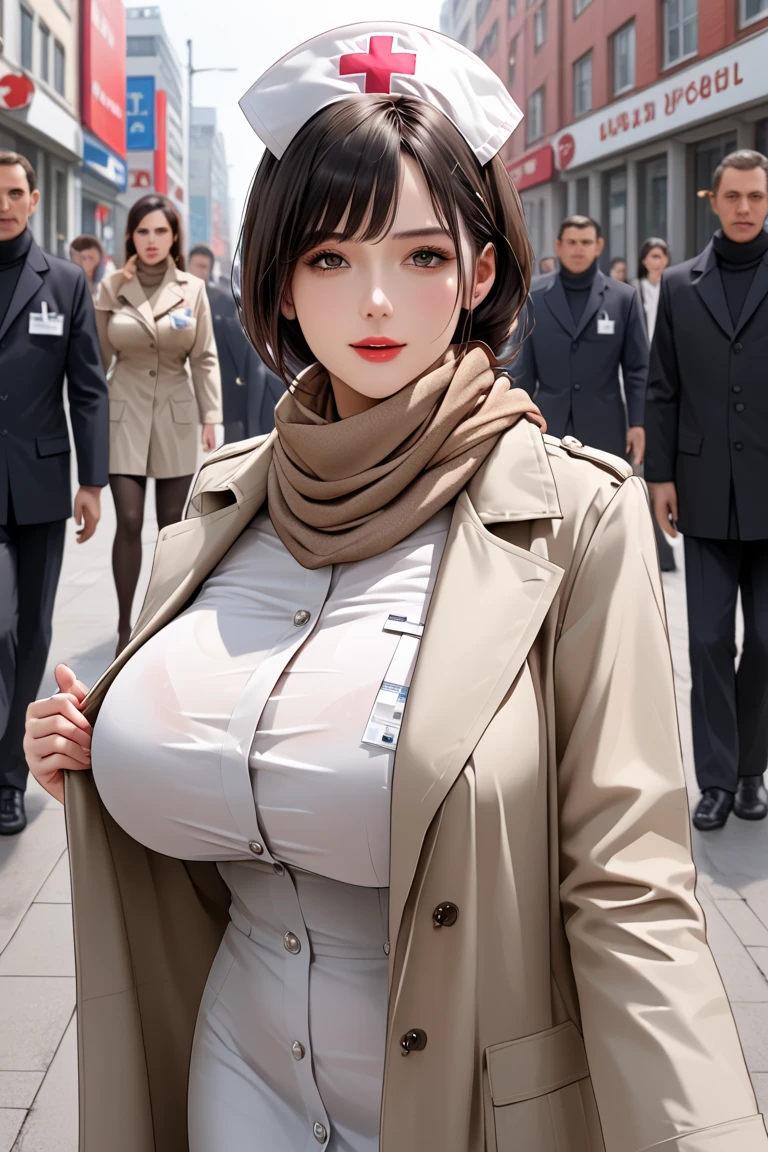 Woman wearing a sheer nurse uniforms, trench coat and scarf,  huge breasts, Overcrowded outdoor