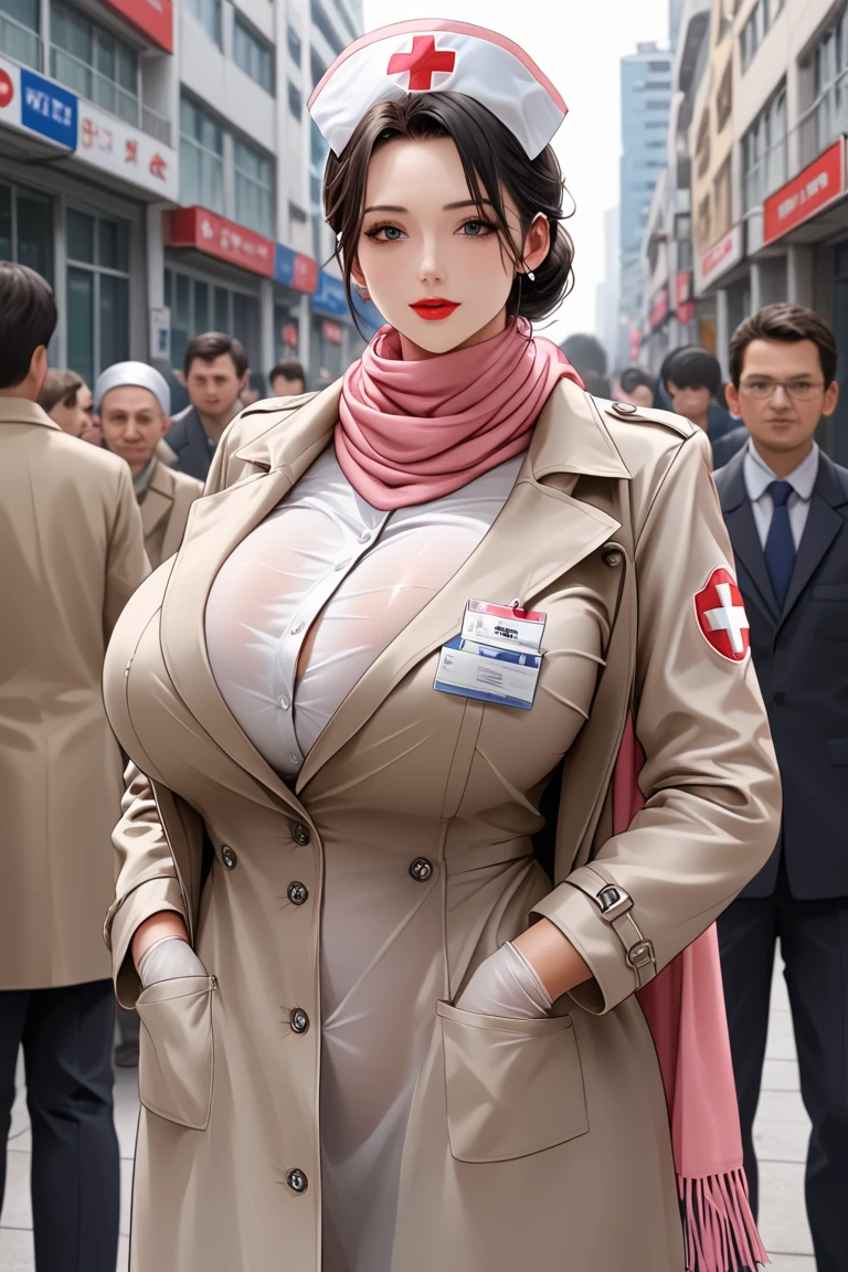 Woman wearing a sheer nurse uniforms, trench coat and scarf,  huge breasts, Overcrowded outdoor