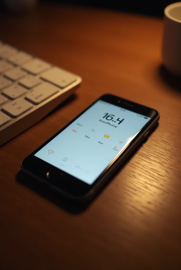 A first-generation iPhone on an elegant table , illuminated by a soft light . The screen displays a classic layout with simple icons , while the body of the device reflects its innovative design for the time
