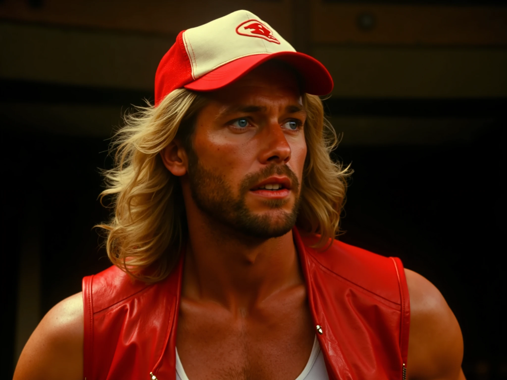 A hyper-realistic, cinematic portrait of a rugged yet charismatic man in the aesthetic of 1980s Americana, captured in the luxurious Super Panavision 70 film style. The man, with long, flowing, golden-blond hair cascading to his shoulders, exudes a commanding yet nostalgic presence. His sun-kissed complexion is emphasized by the warm golden-hour lighting, casting soft shadows that highlight his chiseled jawline, high cheekbones, and piercing blue eyes that gaze into the distance with quiet determination.
He wears a vintage red leather vest, unzipped to reveal a fitted white tank top that accentuates his muscular physique and broad shoulders. His look is completed by a classic red-and-white trucker cap with a bold, minimalist logo, embodying the quintessential 1980s small-town charm.
The lighting captures every pore on her skin, detailed with the texture and warmth of 1950s, 1960s, and 1970s film tones, rendered in Kodak Eastman 100T 5247 style with Technicolor richness. The hyper-realistic rendering in 8K resolution ensures every intricate detail. detailed background, detailed sharp edges, detailed skin pore, 1950's film skin tone color, 1960's film skin tone color, 1970's film skin tone color, In Super Panavision 70 Technicolor Film style In Super Panavision 70 Film style, vintage film skin tone color, classic film skin tone color, Kodak film skin tone color, Fujifilm skin tone color, Todd-AO film style, 70 mm film prints, vistavision style, Technicolor film style, Kodak Eastman 100T 5247 film style, Ultra Panavision 70 film style, Super Panavision 70 Film style, portrait, epic, beautiful lighting, blurry background, realistic, dark, looking at viewer