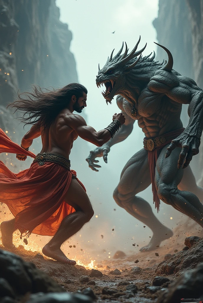 The scene showing as environment of battle, the warrior god kartikeya with his spear hits a demons chest,
