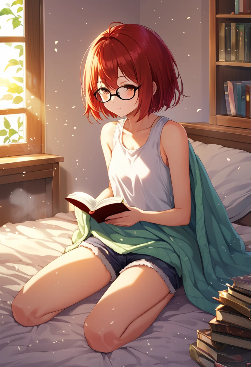 A beautiful -yeld an girl with short red hair, in a cozy bedroom setting. She is in a kneeling position, slightly leaning forward while reading a book, with part of her body covered by a soft blanket. She wears glasses and is dressed minimally in short shorts and a sleeveless tank top. Sunlight streams gently through a small opening in the window, casting a soft, warm glow across the room, highlighting books scattered around and creating a serene yet slightly messy atmosphere. Her personality reflects a mix of clumsiness and kuudere, adding subtle charm to her demeanor