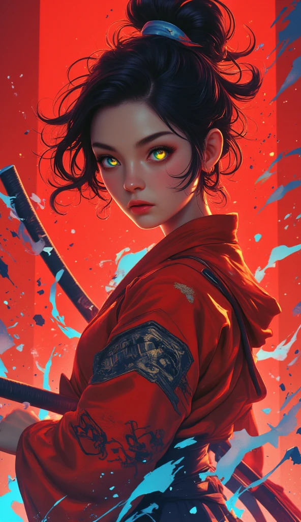  A beautiful Japanese woman .
 black hair, short,  pointed upwards , drawn on the side .
rainbow colored eyes, expressive, obfuscating, incandescent. 
 fine winding, sexy.
Dressed in a martial artist outfit, red and black, with geometric shapes.
 A blue aura subtly surrounds her . 
in battle pose, martial art.
expression: anger, Fury. 
Efeito sem brilho.
Efeito vintage.
Fundo simples, fundo cor vermelha.
(anime style 32K, 3d, HDR, UHD, intricate detail, extremely intricate detail, hyperrealistic, extremely realistic, high quality,      vivid color     , extremely detailed).