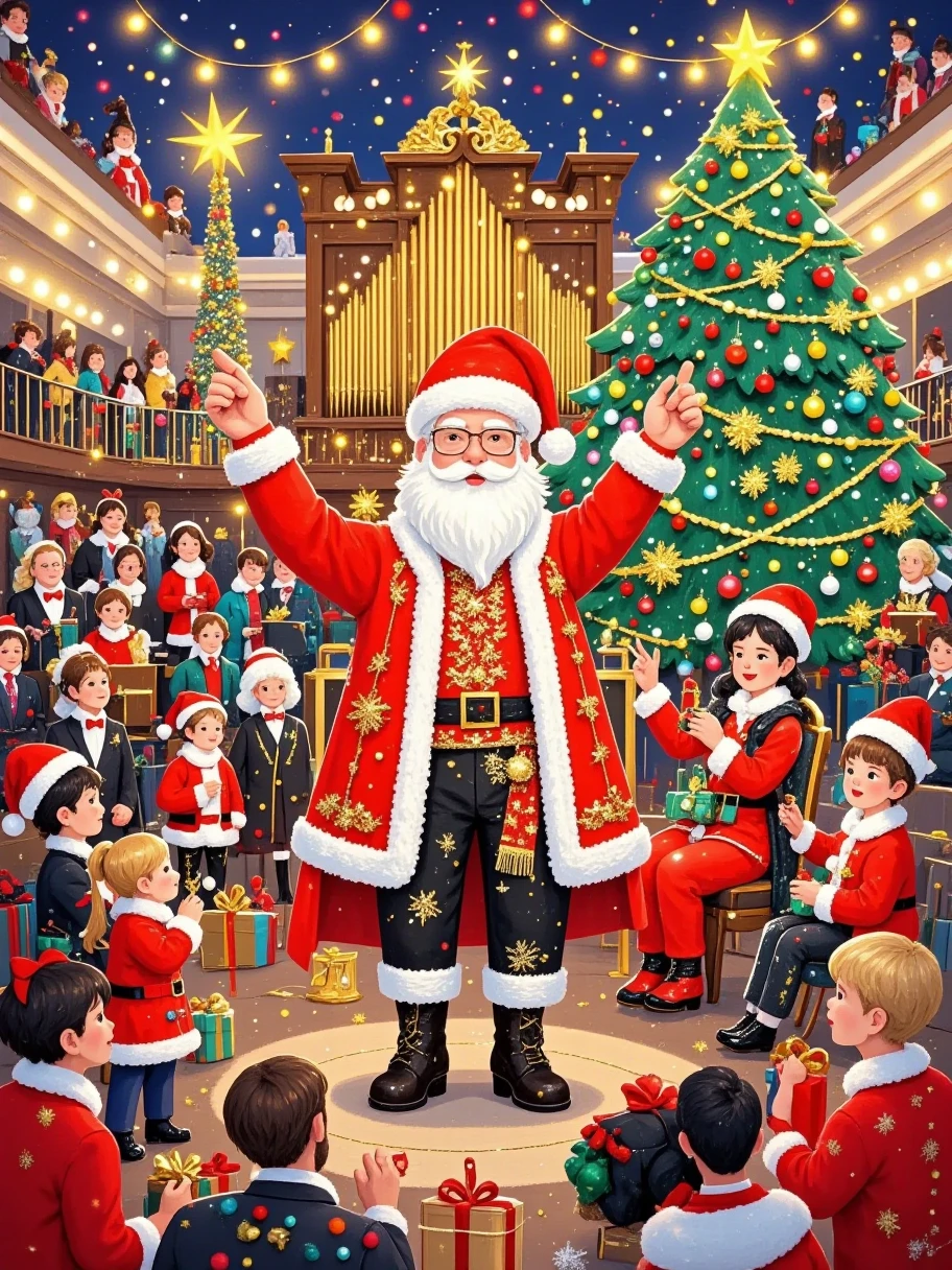 Illustration Art，The art of aesthetics， A grand concert scene 。 is viewed from the middle of the audience ， Wearing stately gold rimmed glasses 、 An iconic red Christmas hat ， Wears a red and white Christmas dress ， with a gold brooch on the neckline 。He has a long white beard， Waving a golden baton in his hands 。 Santa wears black suit ， create a sacred and warm musical atmosphere 。On stage， All kinds of instruments are neatly arranged ， The musicians wear black costumes ，Waiting intently for the conductor 。The audience was full，People wear formal attire， The faces are full of anticipation 。 A Santa stands in the center of a gorgeous stage {x} The background of the stage is a huge golden pipe organ and a Christmas tree with flashing colorful lights。 ， The melodious melodies wafting through the air 。 There is a gap between the pants A fine red line ，The whole picture is rich in color，The red、green、Gold is dominant， Full of artistic and energetic 