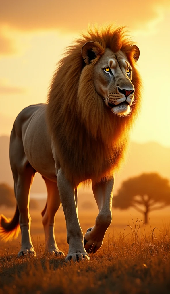 A majestic and imposing creature, the fusion of an African lion and a European draft horse. The creature’s head features the voluminous, golden mane of a lion, with piercing, wild eyes that glow like amber. Its rounded ears peek out from the dense mane, while its wide nostrils exude strength and power. The robust, muscular body resembles that of a draft horse, covered in short, sleek fur blending the golden hues of a lion with the metallic gray of working horses. Its front legs are those of a lion, with sharp claws leaving deep marks in the ground, while its hind legs are powerful horse legs, built to bear immense weight. The tail combines the long, sleek form of a lion’s tail with a tuft of dense fur at the tip. The creature stands in a vast field at sunset, bathed in golden rays of light that highlight its silhouette, surrounded by a backdrop of ancient trees and distant mountains. The composition is cinematic, featuring HDR details, realistic textures, and dramatic lighting, capturing the grandeur of this mythical beast."
