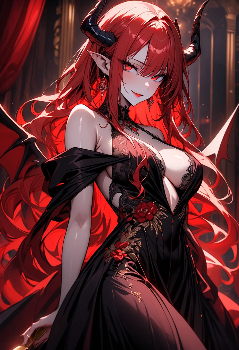 (delicate and beautiful CG artwork),(best quality, ultra-detailed, high resolution),(dynamic angle, dynamic lighting),(1 character),(long white and red hair, red eyes, beautiful face),(black transparent stocking),(devil) (long sideburns) clock in background, city, night light, horns, black dress, night sky, clouds