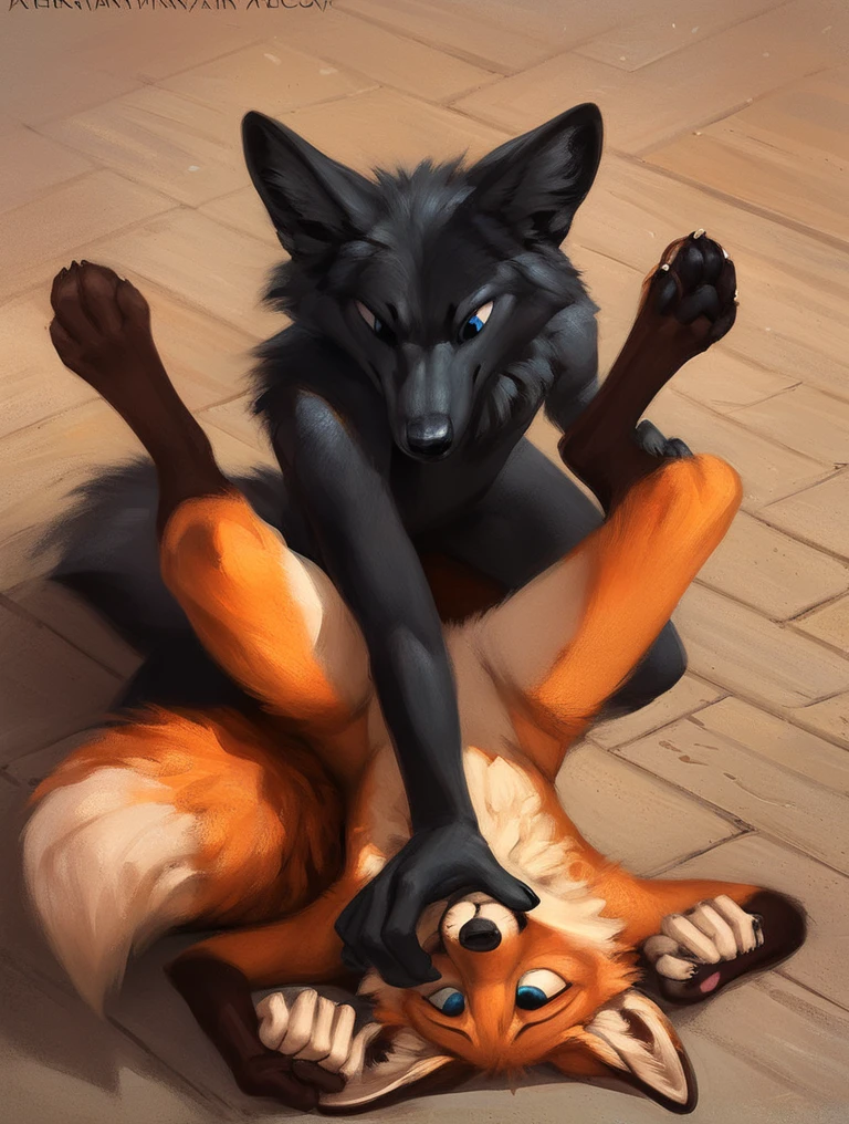 score_9, score_8_up, score_7_up, source_furry, rating_safe, by kenket, anthro, duo, male/male, wolf, black body, blue eyes, fox, orange body, cowgirl style, legs, hand holding, 1 sneering fox, sad face, fullbody portrait, on floor, hind legs, black pawpads, fighting, face to face, birds eye view, riding, exhausted fox, legs spread, feet up
