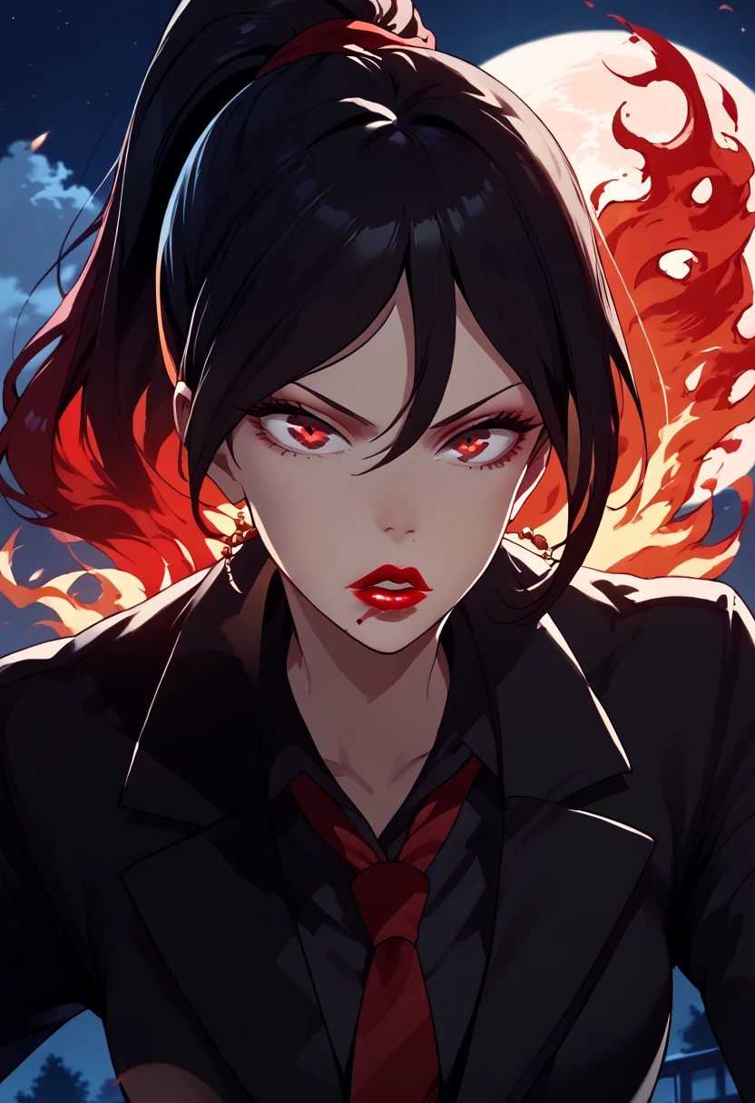 woman, black skin, hair ponytail, black hair, fire hair, red eyes, blood red fire, scarlet fire, adult, blood red lipstick, black suit, night, japanese school background, blood moon, red tie