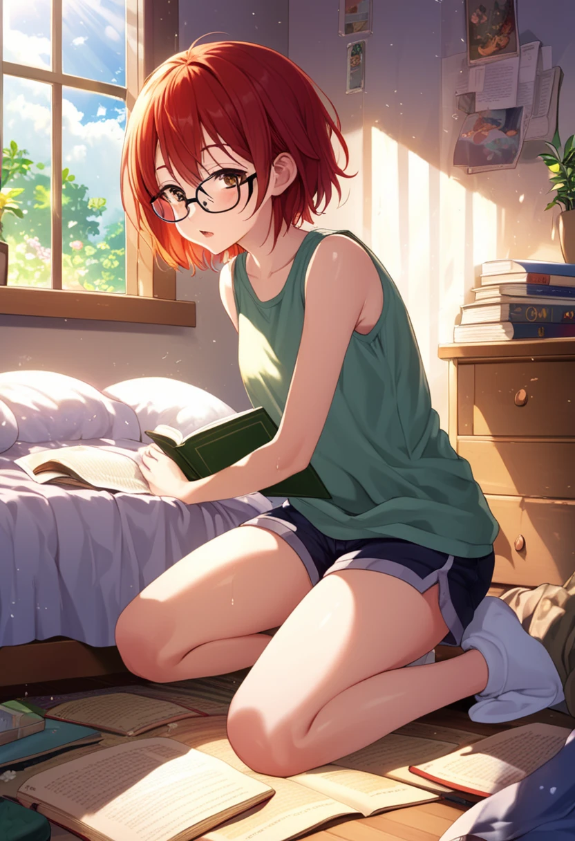 A beautiful 17-year-old anime girl with short red hair, in a cozy, slightly messy bedroom. She is kneeling and leaning forward slightly, partially covered by a soft blanket, while reading a book. Her glasses sit crookedly on her face, and her sleepy expression shows she’s been up all night, with a faint trail of drool escaping the corner of her mouth. She’s dressed minimally in short shorts and a sleeveless tank top. Soft rays of sunlight stream through a small opening in the window, illuminating scattered books and adding a warm glow to the room. The scene reflects her clumsy yet kuudere charm, adding a relatable and endearing vibe.