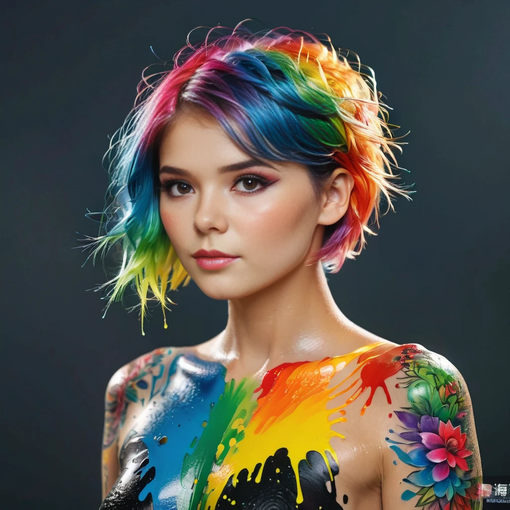 gorgeous woman, paint splatter, vibrant colours, rainbow colours, full body, gorgeous face, short rainbow hair, body paint, 23 year old