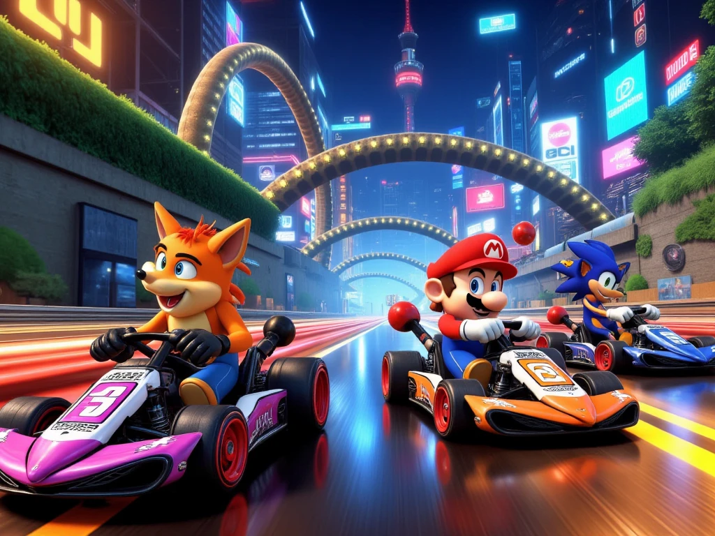 A vibrant, high-energy illustration featuring ((Crash Bandicoot)), ((Sonic the Hedgehog)), and ((Mario)) racing in their unique karts. The racetrack is a dynamic blend of their three iconic universes: a jungle segment with crates (Crash), a loop-de-loop with golden rings (Sonic), and a section filled with pipes and question blocks (Mario). The scene is illuminated with vivid, glowing colors, with realistic reflections on their karts and the track, giving it a polished, futuristic feel. The characters are in action, showcasing their distinctive personalities: Crash with a wild grin, Sonic focused with speed trails, and Mario confidently tossing a red shell. The atmosphere is energetic and playful, capturing the essence of their legendary rivalry.