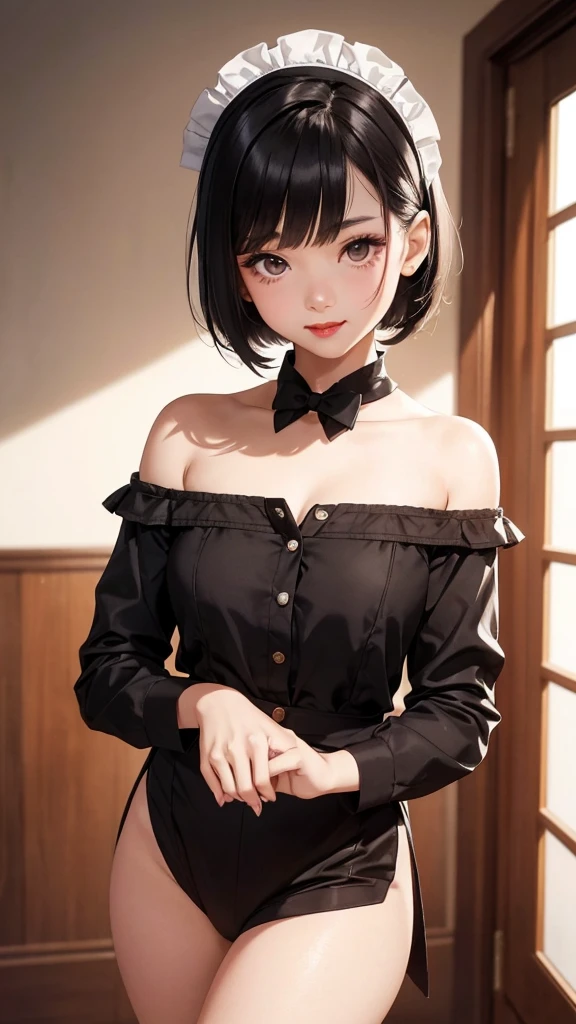 very cute female child、20yr old、Black detail hair、bangss、bob、blue eyess、large full breasts、Constricted waist、squatting、Casual clothing 、a short skirt、 Kamimei、Watching me、A smile、独奏,1girl in, Romper (​masterpiece、top-quality、ultra-detailliert:1.2)