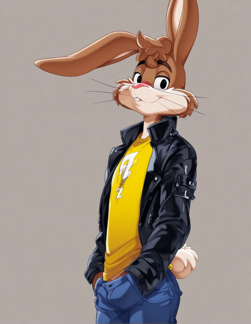 zPDXL3,quicky,4 fingers,brown fur,pants, yellow shirt, black leather greaser jacket, standing, young adult, cute version of quicky, cute rabbit hair, furry, rabbit, male, gay, femboy, handsome, two extremely handsome rabbits standing by side, slim,solo,looking_at_viewer,