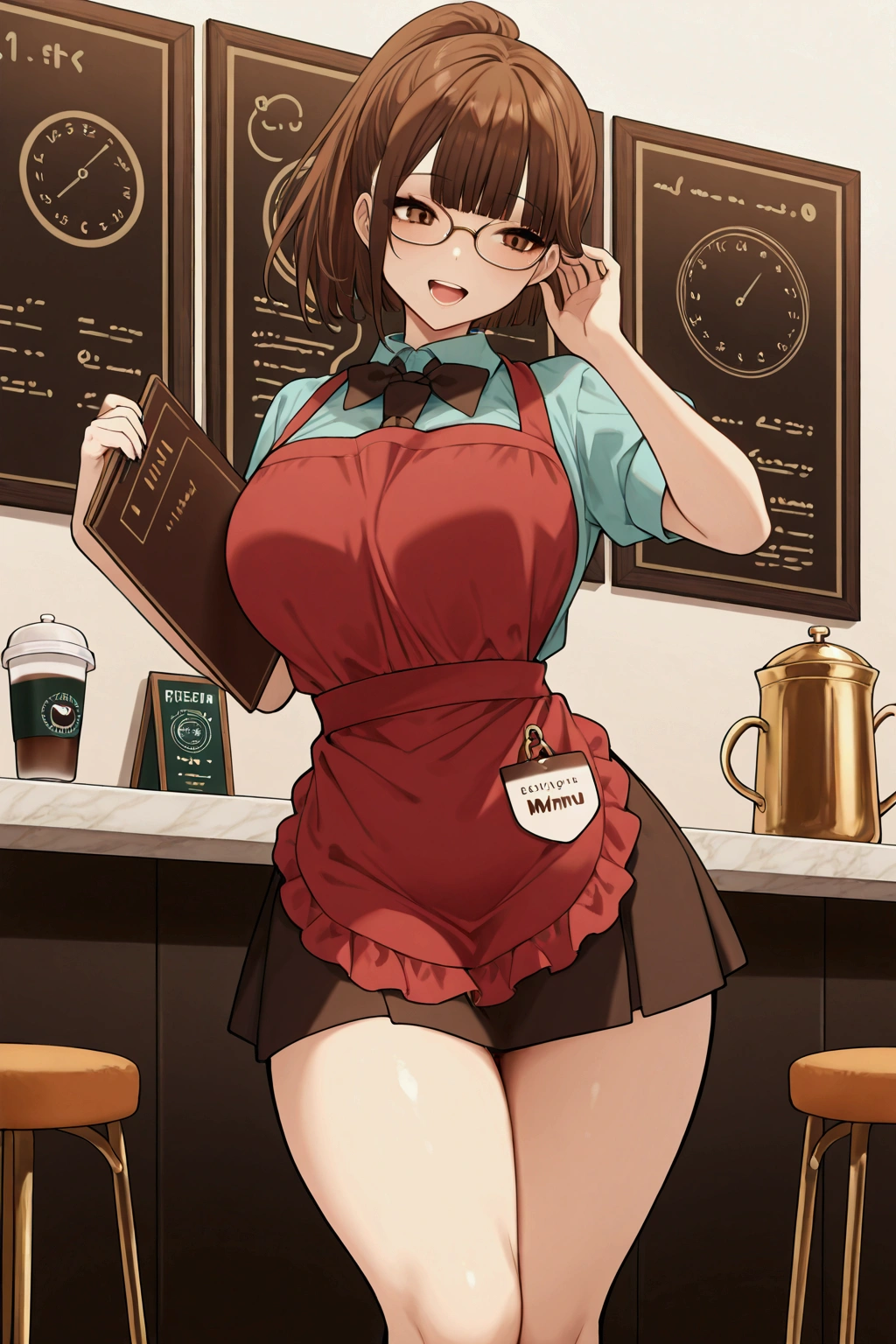 Solo, girl, coffee waitress, red apron, big chest, small waist, perfect legs, perfect thighs, ponytail cut, glasses, ID, metal jug with coffee, smile, school skirt, cafe background, posters with menu , seats, counter, open mouth, teeth, kind look, brown eyes, hand combing a lock of hair behind ear, bounce chest,perfect scene , Masterpiece, score 9, anime colors, AMERICAN SHOT, beautiful, composition, HARMONY, high quality ,beautiful