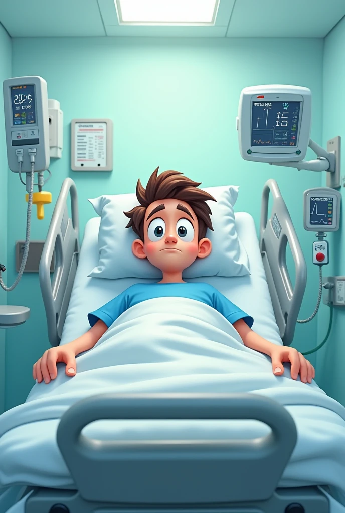 Child in hospital clothes, held to an IV pole with his hands, with a serious face