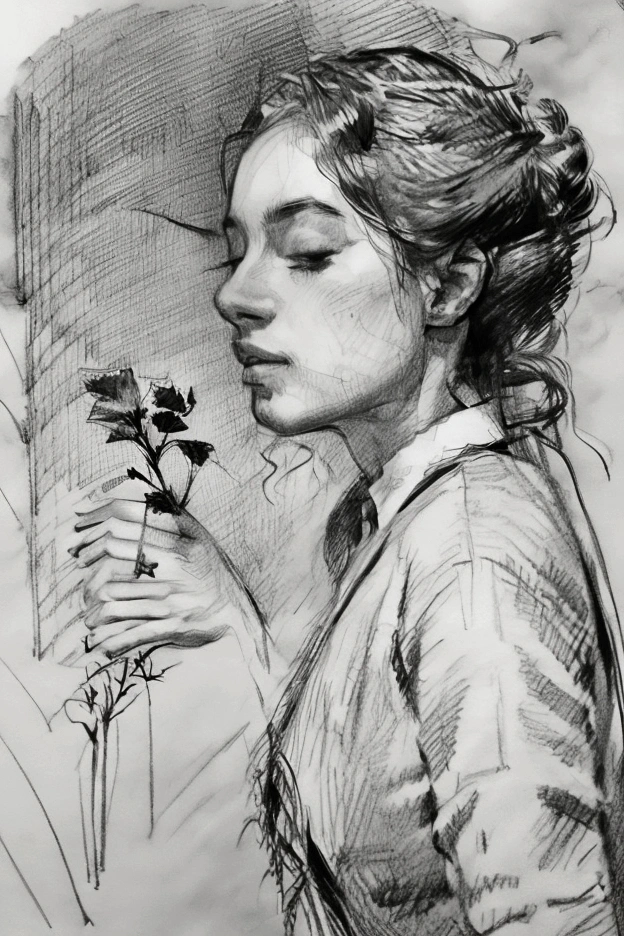 Create a pencil drawing of a New Year's celebration scene. The image should feature a single rose in the foreground, symbolizing new beginnings and beauty. The background should have a festive, yet serene atmosphere, with subtle details like fireworks or confetti in the air, but not overpowering the main focus on the rose. The style should be delicate and detailed, capturing the elegance of the moment. The overall tone of the image should convey a sense of hope, renewal, and celebration for the New Year.