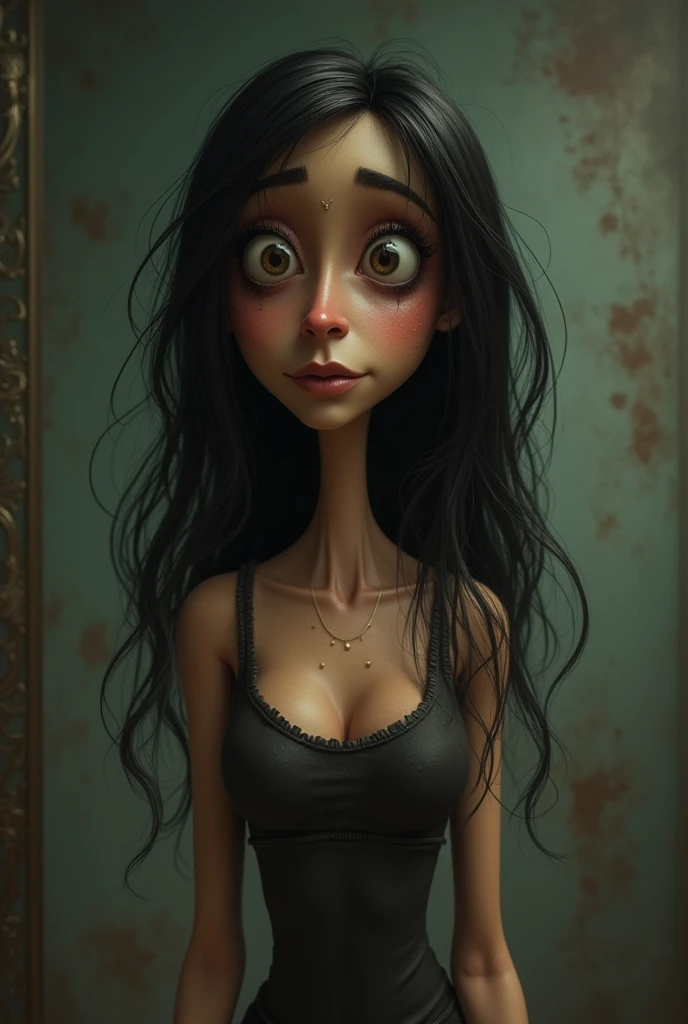 burtonesque, upper body portrait of marijamilosevic, long hair, cleavage, solo, SFW, monochrome, stylish, muted colors, portrait, forest, detailed <lora:burtonesqueStyleV2Out_v2:0.75>