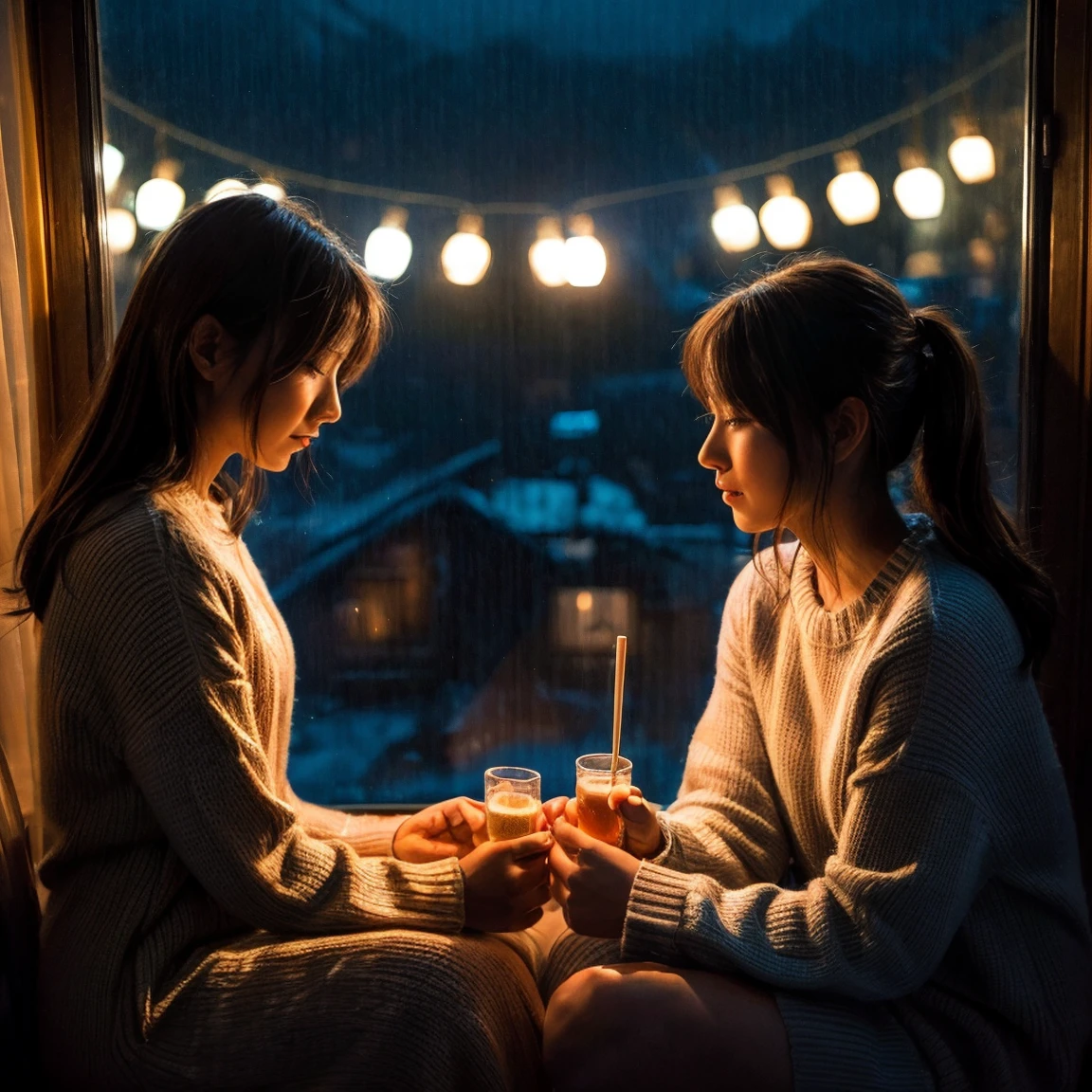 16.	Nighttime Serenity
“Twins sitting by a window at night, illuminated by the soft glow of city lights outside. They wear cozy sweaters and sip hot chocolate, their identical features reflecting warmth and intimacy. High-quality 8k shot with a moody, cinematic vibe.”