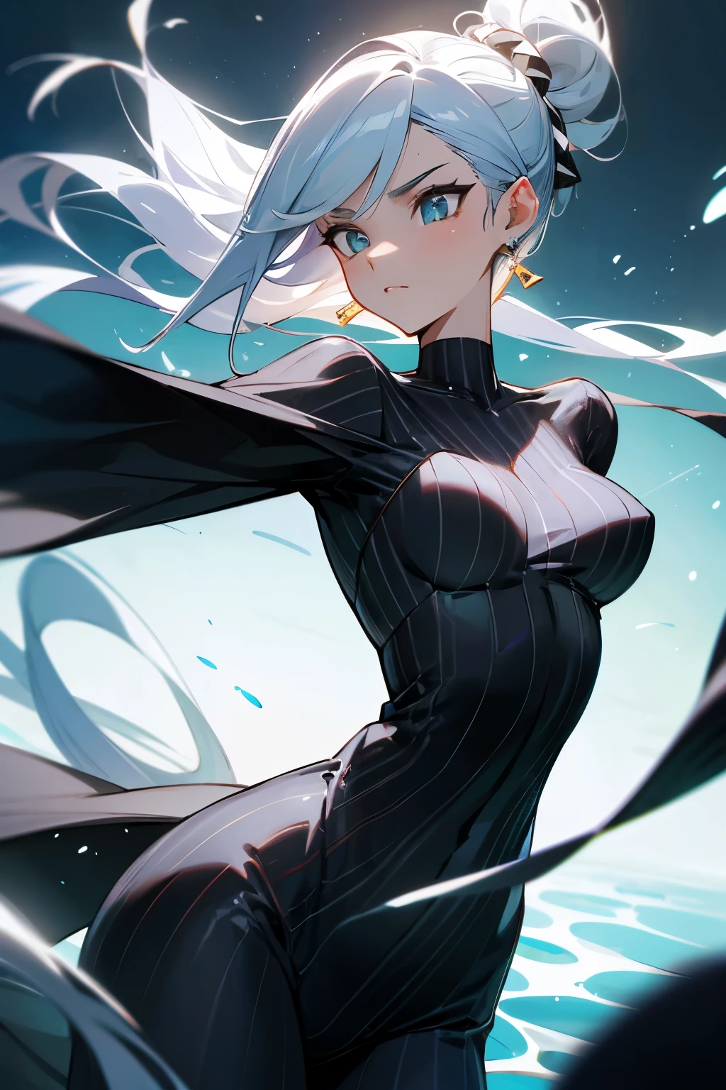 beautiful woman, white hair, long straight hair, ((crew cut: 1)), red eyes, fair skin, ((muscular: 1)), female, 28 years old, Wearing a black dress with fairy-colored silk braca, leather shawl, semi-transparent cubus of green color floating, space powers, goddess.