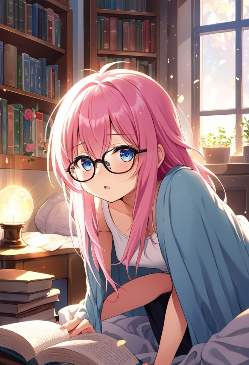 A beautiful **-****-*** anime girl with long pink hair and blue eyes, in a cozy, slightly messy bedroom. She is kneeling and leaning forward slightly, partially covered by a soft blanket, while reading a book. Her glasses sit crookedly on her face, and her sleepy expression shows she’s been up all night, with a faint trail of drool escaping the corner of her mouth. She’s dressed minimally in short shorts and a sleeveless tank top. Soft rays of sunlight stream through a small opening in the window, illuminating scattered books and adding a warm, tranquil glow to the room. The scene reflects her clumsy yet kuudere charm, creating a relatable and endearing atmosphere