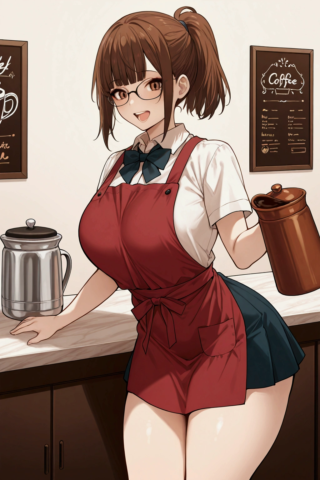 Offer coffe to viewver, cleaning table,Solo, girl, coffee waitress, red apron, big chest, small waist, perfect legs, perfect thighs, ponytail cut, glasses, ID, metal jug with coffee, smile, school skirt, cafe background, posters with menu , seats, counter, open mouth, teeth, kind look, brown eyes, bounce chest,perfect scene , Masterpiece, score 9, anime colors, AMERICAN SHOT, beautiful, composition, HARMONY, high quality ,beautiful