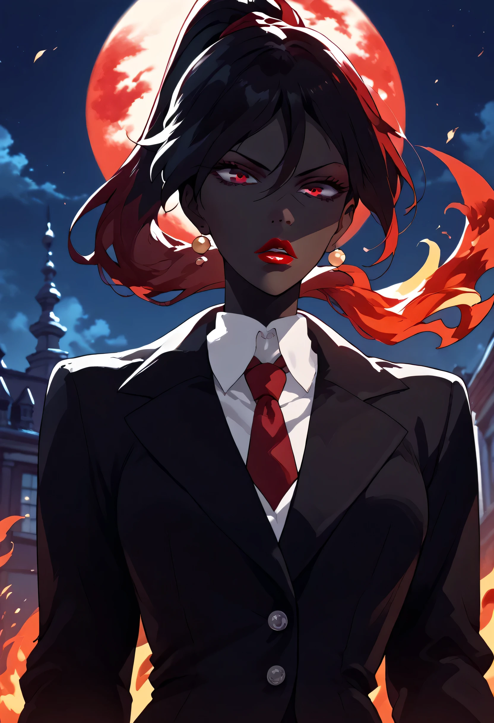 woman, black skin, hair ponytail, black hair, fire hair, red eyes, blood red fire, scarlet fire, adult, blood red lipstick, black suit, night, japanese school background, blood moon, red tie