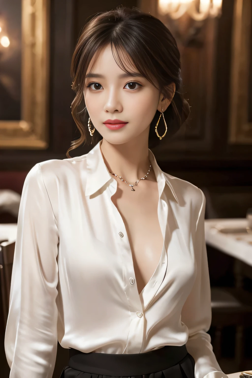 masterpiece, highest quality, Realistic, Very detailed, Finer details, High resolution, 8k wallpaper, One beautiful woman, Wear an elegant see-through shirt, In a great restaurant, At night, Light brown messy hair, Perfect dynamic composition, Beautiful and beautiful eyes、Big earrings、Sitting in a chair、