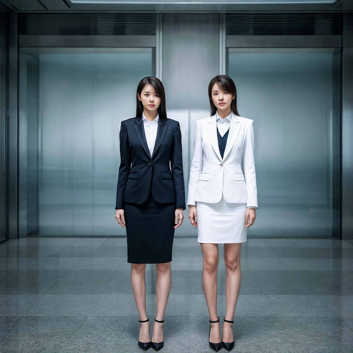 	9. “Twin sisters dressed in formal business attire, standing side by side in front of a minimalist backdrop. Both wear confident, serious expressions as they cross their arms, exuding an aura of professionalism and symmetry.” 