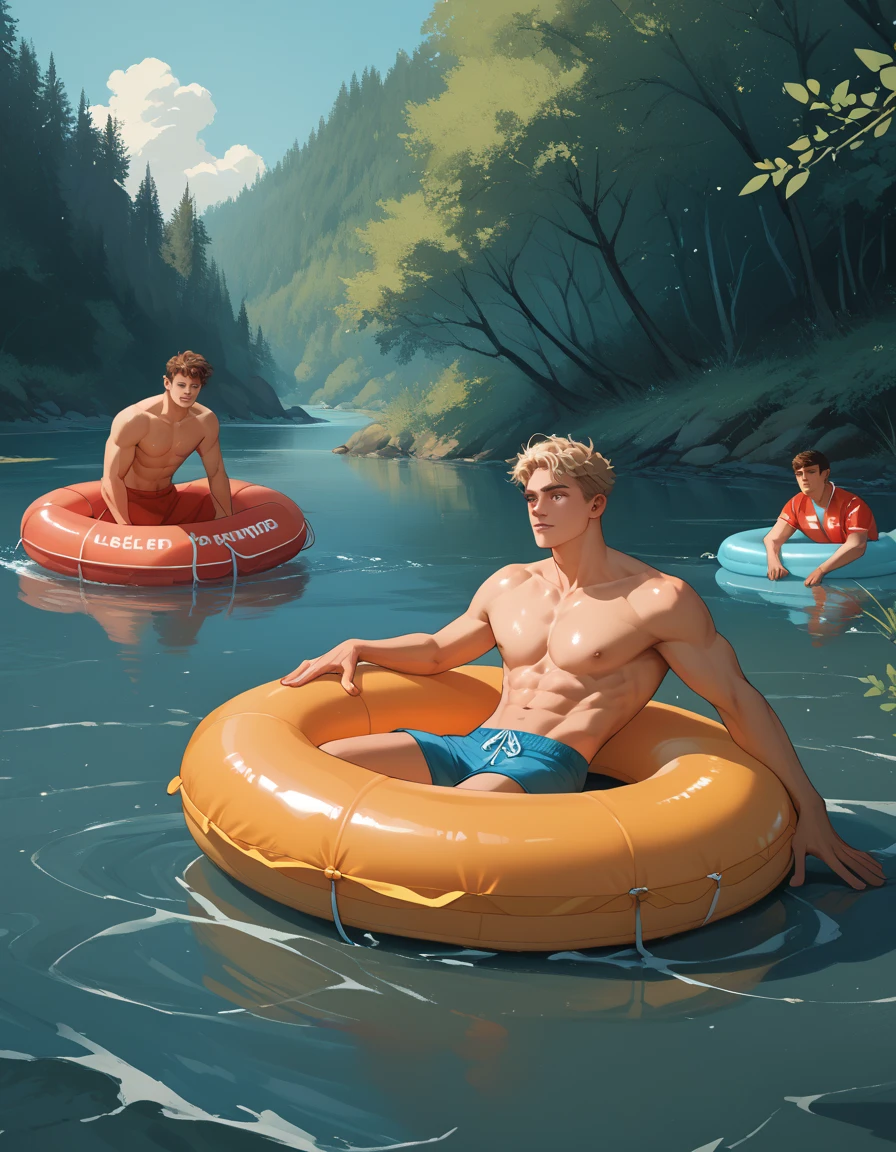 3 latin boys yo shirtless fit, inside river, lifesaver float on waist, floating on river. 3 boys on image 