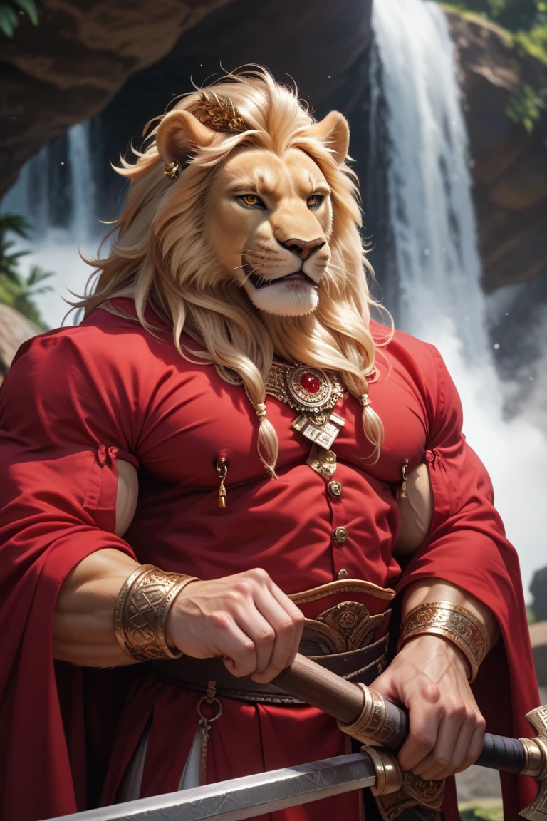 A detailed illustration ,   hands of a strong and muscular young African, Orisha Xango, seated on a rock.  He is dressed in red clothes ,  wearing a king's crown on his head ,  holding a two-blade axe in one of the minimalist and photorealistic . A majestic lion,  with yellow fur and piercing eyes , He is positioned at his side . 