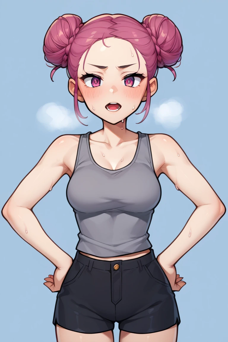 zPDXL2, source_anime, 
leiaxl, 1girl, solo,looking at viewer, breasts, double bun, gray tank top, black shorts, ,hands on hips, open mouth, out of breath, sweaty, chin sweat
 