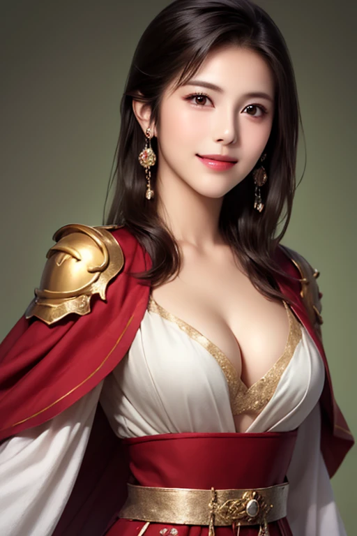 ((The upper body of a female warrior wearing gold and red armor and a cloak:1.4)),1 person,  black hair,  belly shortcut   ,Big breasts and cleavage,  high-definition face and skin texture  ,  staring at the camera,   Chinese Warrior:1.2,  perfect beauty: 1.4, fine grain,  double eyelids in a judo suit ,  whitening for women with bristles, top quality ,  super high res ,  simple background，Symmetrical Normal Eyes   , hair accessories, Slim Waist ,((great general)),