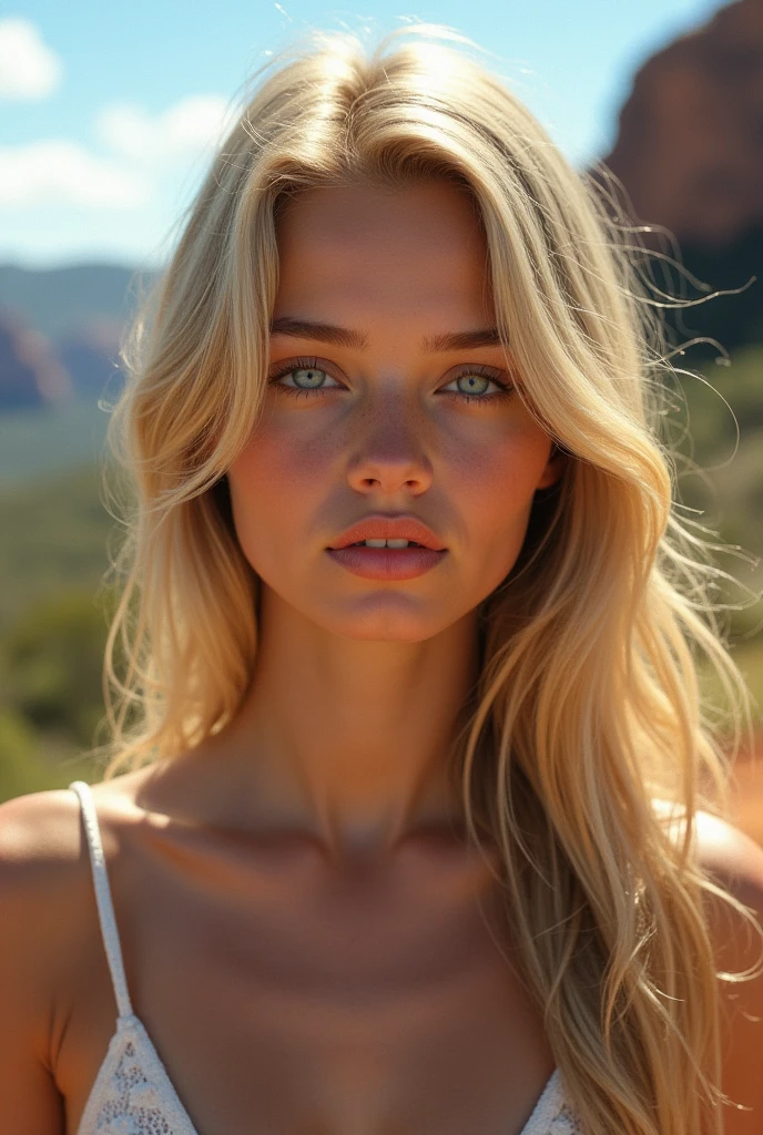 Belle fille européenne aux blue eye et aux cheveux blonds, On the mountain, dress lightly but not too lightly., sunny , photo par devant, ultra high resolution, (Photorealistic: 1.4), high resolution , (finely detailed skin), (blue eye), (Des proportions parfaites) (Realistic photos) (head of'artwork) (Photorealistic), Ultrarealistic (best quality) (detailed) Photographié avec un Canon EOS R5, objectif 50 mm, F/2.8, (8k) (Background'screen) (Cinematic lighting) (Dramatic lighting) (complexe) vogue. pour instagram