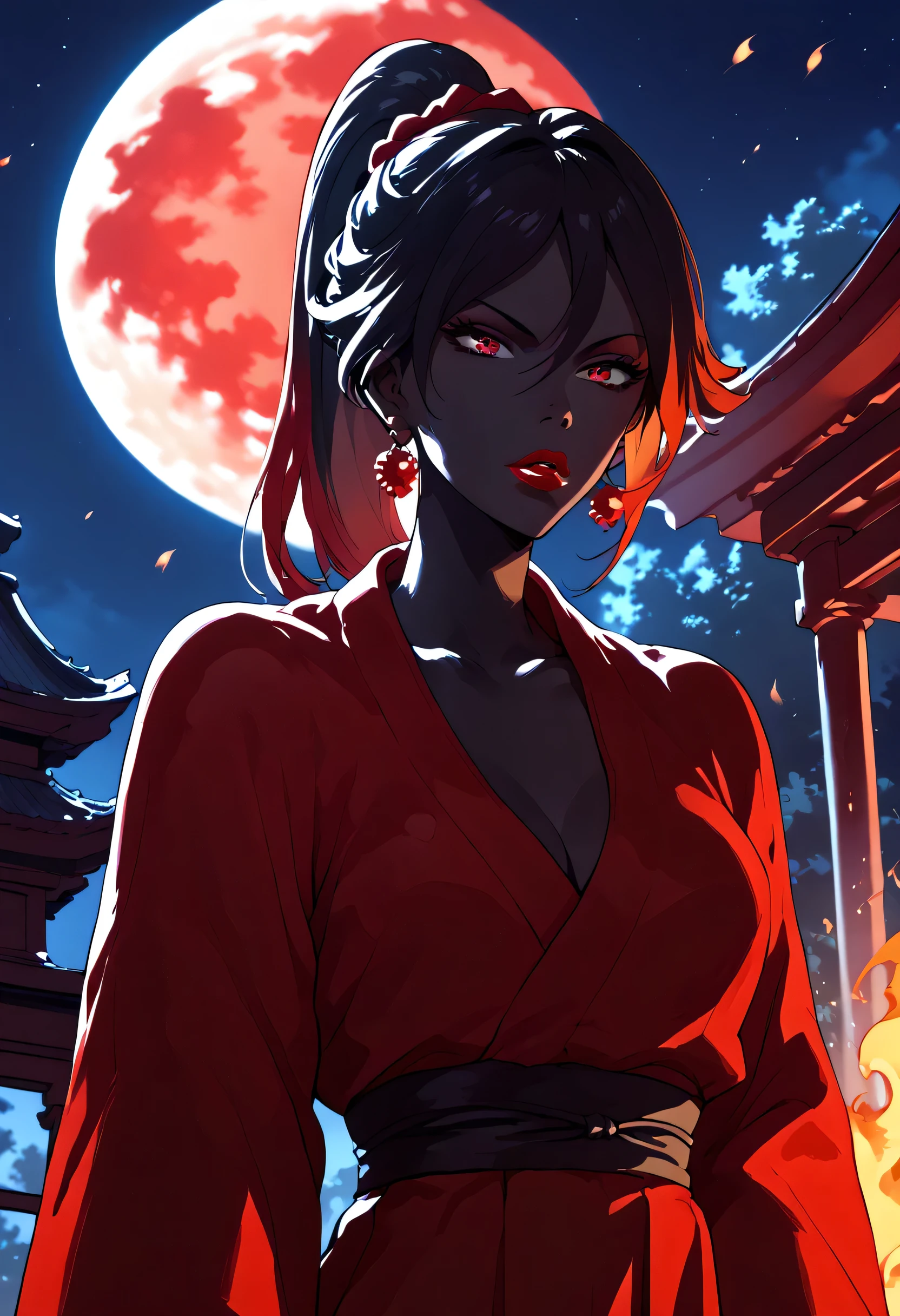 woman, black skin, hair ponytail, black hair, fire hair, red eyes, blood red fire, scarlet fire, traditional japanese clothing, adult, blood red lipstick, red dress, night, japanese temple, blood moon