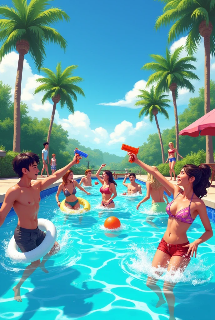 There's 5 guys on the beach playing sports together, (foco nos movimentos), (foco nos personagens), (dynamic scene/movimentada), (foco nos esportes), (estilo de splash arts league of legends), (Bermudas florida), (Camisas de Sol), Characters with visible faces