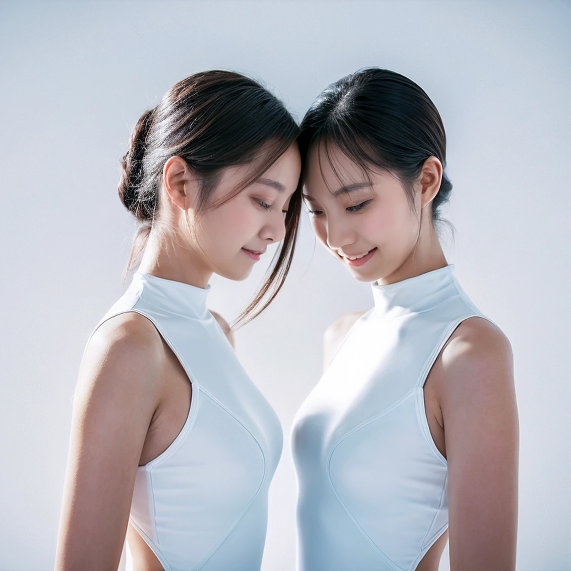 1.	Elegant Symmetry
“Identical twin sisters, 20 years old, standing side by side against a pure white background. They wear sleek black bodysuits, their hands gently resting on each other’s shoulders. Both smile softly, gazing directly at the camera. 8k resolution, ultra-realistic, subtle cinematic grain.”