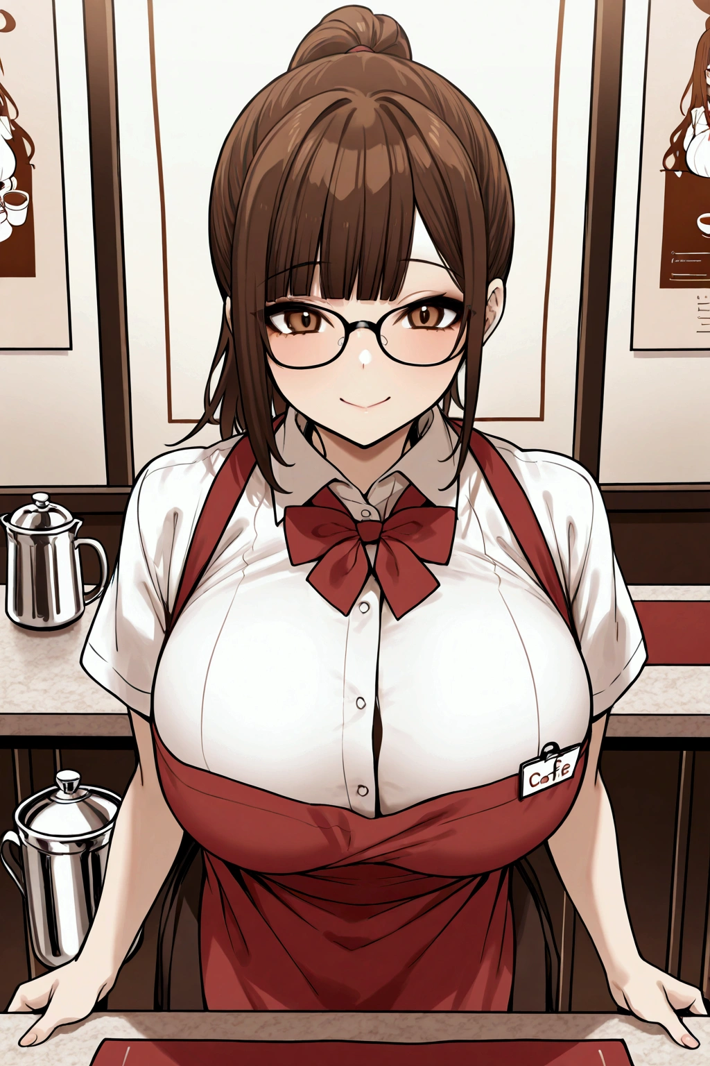 Pov,cleaning table,Solo, girl, coffee waitress, red apron, big chest, ponytail cut, glasses, ID, metal jug with coffee, smile, school skirt, cafe background, posters with menu , seats, counter,smile,leaning looking at the viewer , kind look, brown eyes, bounce chest,perfect scene , Masterpiece, score 9, anime colors, AMERICAN SHOT, beautiful, composition, HARMONY, high quality ,beautiful