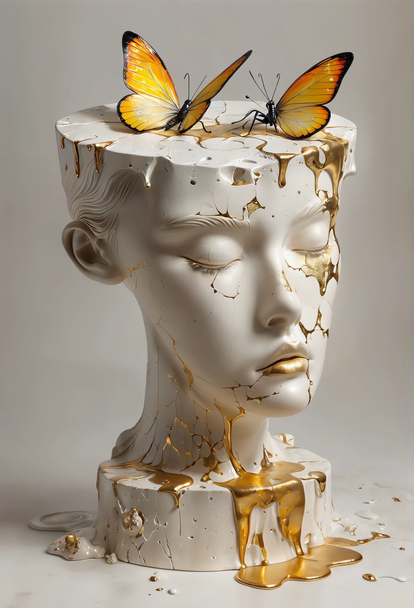 ((display， Still Life Table ， Artistic Statues，3D sculpture， ceramic ，Superficial fissures ，Cracked texture)), showing the beauty of nature.gold，Golden powder，  To emphasize your artistic quality .
