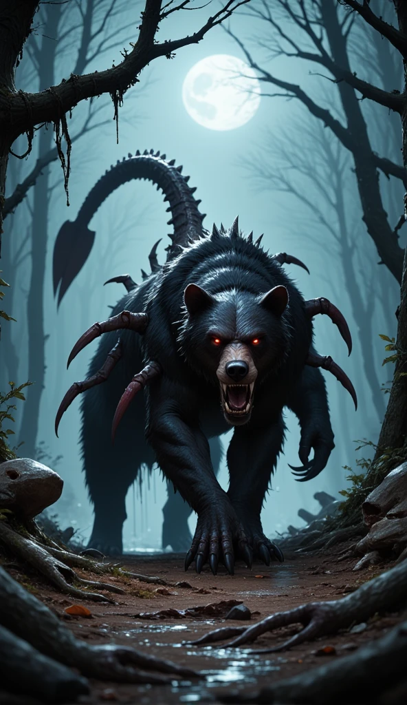 Here’s the prompt for the hybrid creature:  

> "A hybrid creature combining a bear and a scorpion set in a dark, eerie forest. The creature has the muscular body and fur of a bear, with a scorpion's sharp pincers as its front limbs and a long, venomous stinger tail arched over its back. Its face is a terrifying mix of a bear's snarling jaws and glowing scorpion-like eyes. The setting is a dense forest shrouded in thick fog, with twisted trees and ominous shadows creating a chilling horror atmosphere. Moonlight filters through the gnarled branches, illuminating the creature as it prowls menacingly on the forest floor covered in dry leaves and bones."  

Let me know if you need any edits or additions! 😊