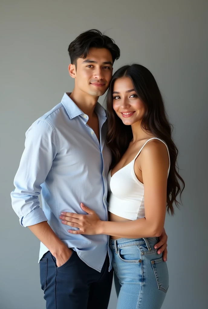 masterpiece, anime, best quality, 2others, couple, mature, adult, height difference, different fashion, different color, casual clothes, long sleeves, smile, happy, love, swirling wind, blue sky, long haired man, light brown hair man, black hair woman, black hair woman  