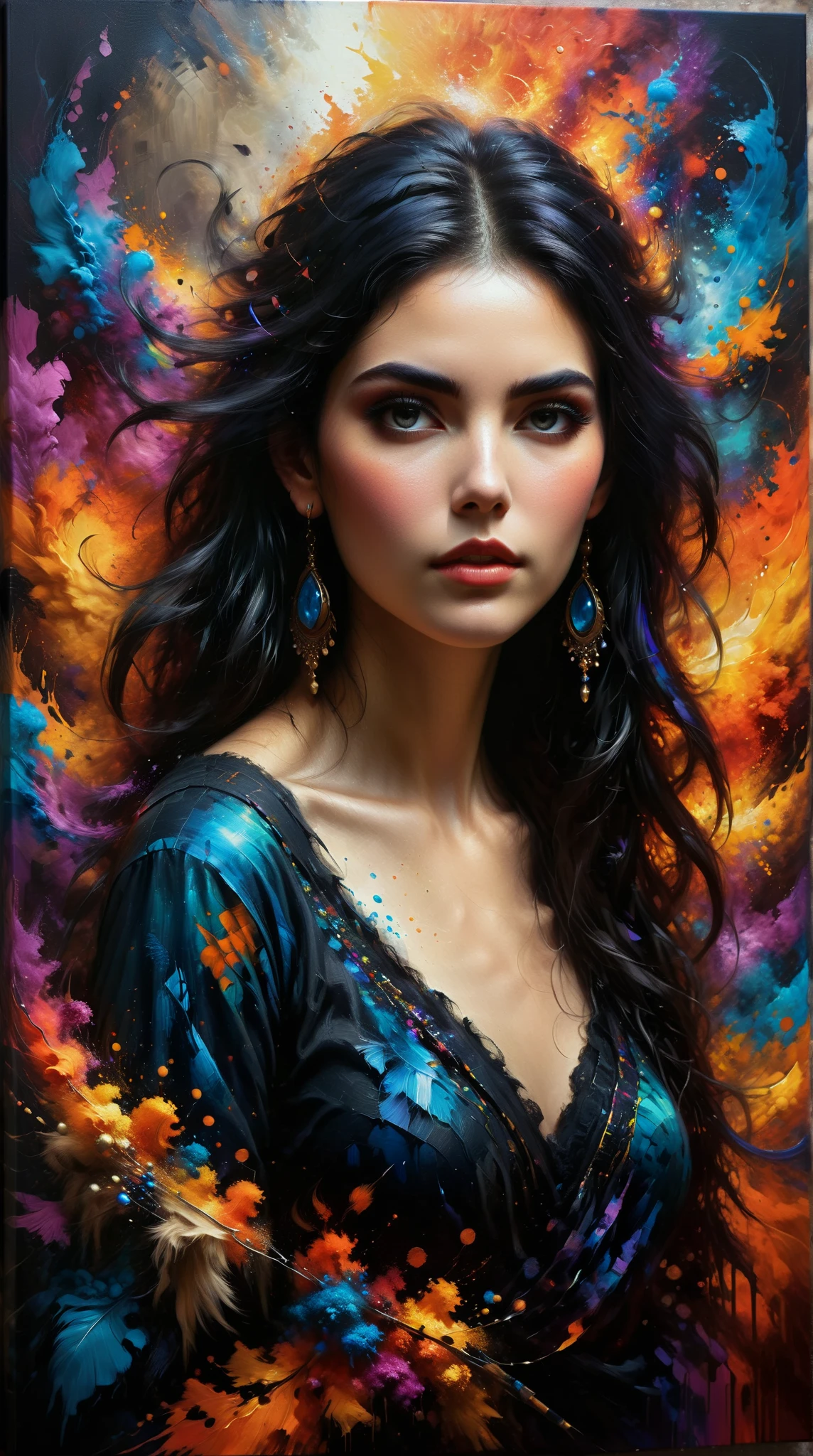  Portrait of a Cattorian woman ， with a complex and powerful expression， Fine Hair ， Vivid color and dramatic style ，Long black hair with earrings ， Professional majestic painting ，Fantasy atmosphere ，Colorful