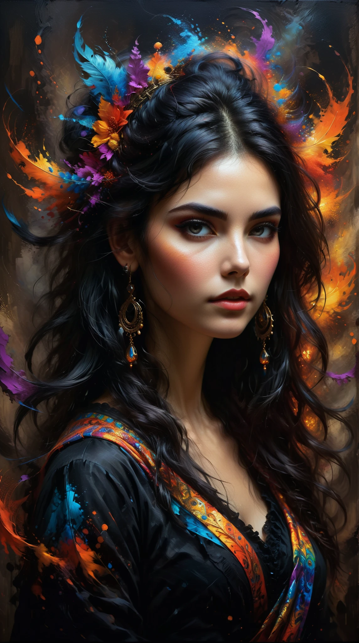  Portrait of a Cattorian woman ， with a complex and powerful expression， Fine Hair ， Vivid color and dramatic style ，Long black hair with earrings ， Professional majestic painting ，Fantasy atmosphere ，Colorful