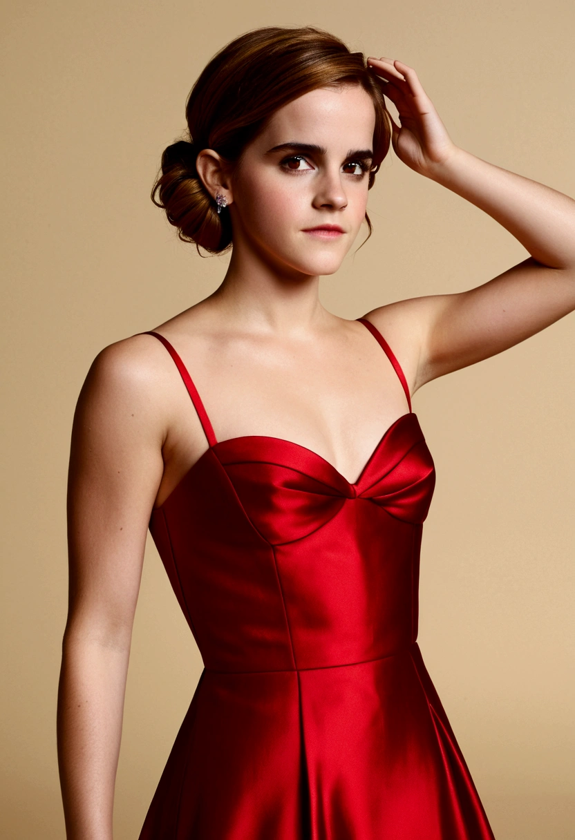 Emma Watson is beautiful and seductive in a red outfit in the garden
