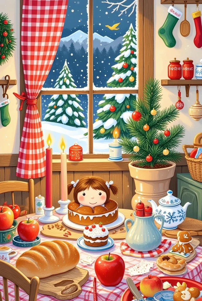 Christmas illustration  ，Plaid curtains  ， Bread hanging on the kitchen table   、cake、candle、Glass、Christmas tree、Gingerbread Man、  apples、tableware、 ， Hanging socks and Christmas wreaths on the wall。girl&#39;return。  lined with bread  "Jenny"