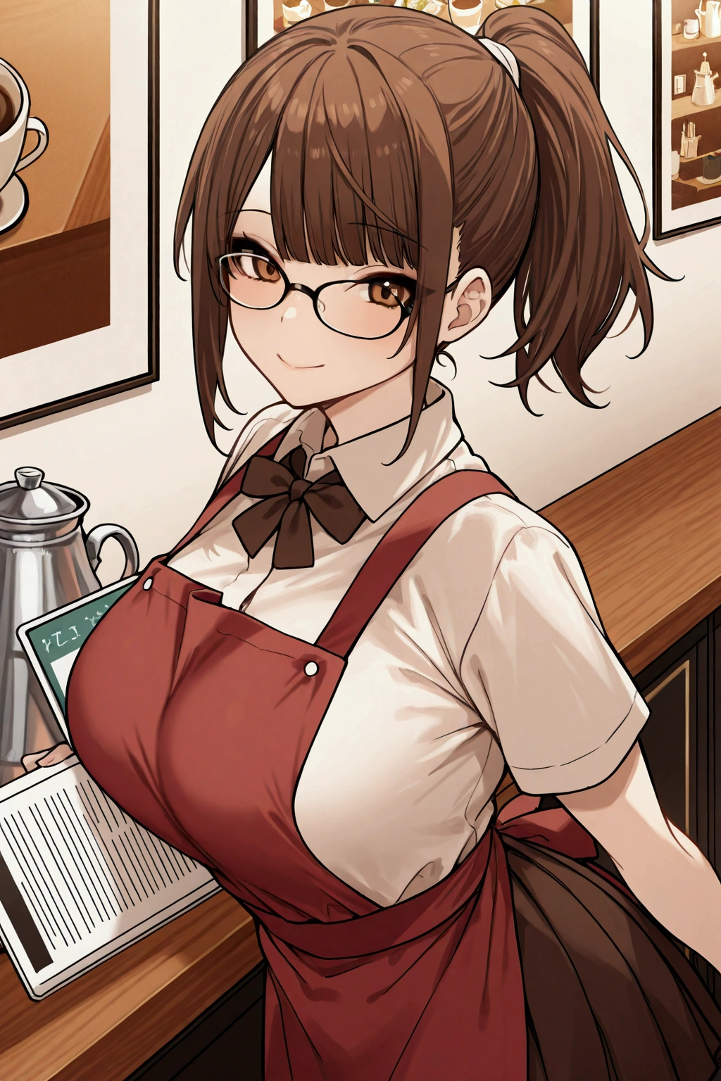 Pov from SIDE,tild head to SIDE,close up,,Solo, girl, coffee waitress, red apron, big chest, ponytail cut, glasses, ID, metal jug with coffee, smile, school skirt, cafe background, posters with menu , seats, counter,smile,leaning looking at the viewer , kind look, brown eyes, bounce chest,perfect scene , Masterpiece, score 9, anime colors, AMERICAN SHOT, beautiful, composition, HARMONY, high quality ,beautiful