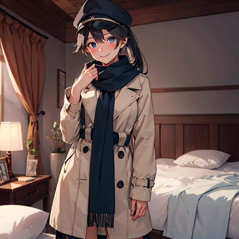 houshou_kantaicollection,
black_hair, long_hair, ponytail, smile,blush, blue_eyes,
Trench Coat and Scarf,hat,
(masterpiece,best quality,ultra detailed,hyper detailed,exquisite,beautiful:1.4),(art CG, 8K),1girl solo,KonishiCSA ,smile,blush,full body, (standing:1.4),(bed:1.4)