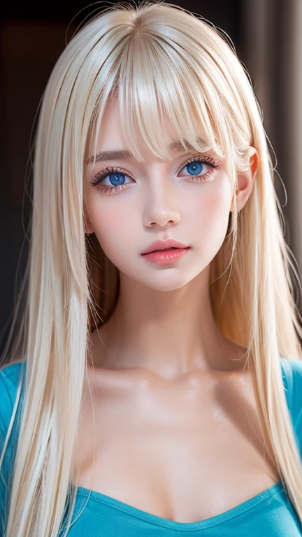  Unmatched Beauty ,  firm and shiny skin ,  bangs between eyes, Beautiful shiny straight platinum blonde,  Super Long Straight Silky Hair,  eyeliner ,  sexy beautiful innocent , High resolution big beautiful bright blue eyes,  beautiful and lovely girl, , Short sleeve shirt、 EROTIC 