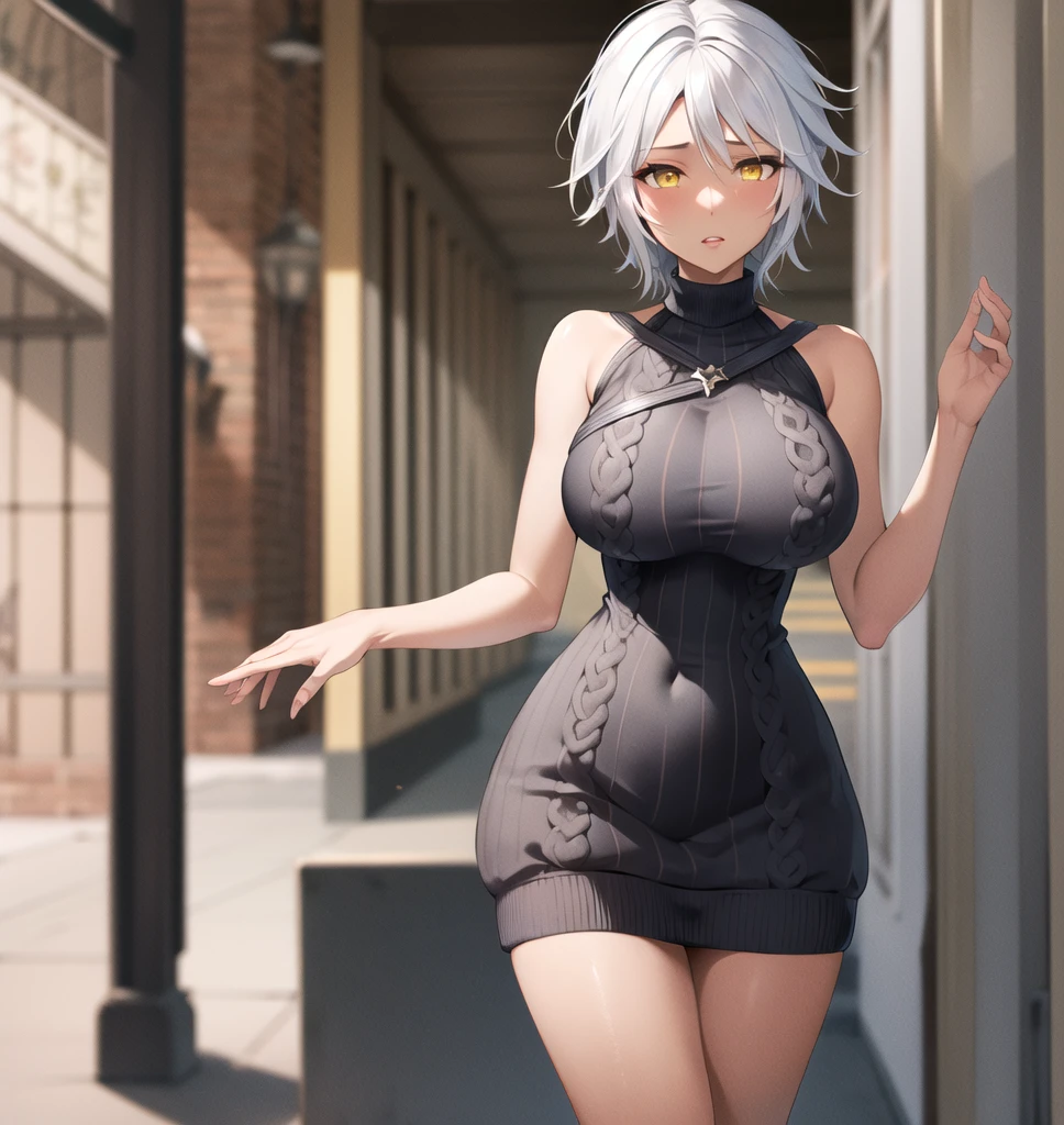 masterpiece,  top quality ,  high res, Baqa,  short hair, White Hair,  yellow eyes,  medium breasts, Dark Skin,  white sweater,  sweater dress,  turtleneck in HiN, Ribbed sweater,  sleeveless,   knight ,  standing,  the cowboy shot, street,Big Breasts　 huge breasts 　超Big Breasts　heart　Ballet