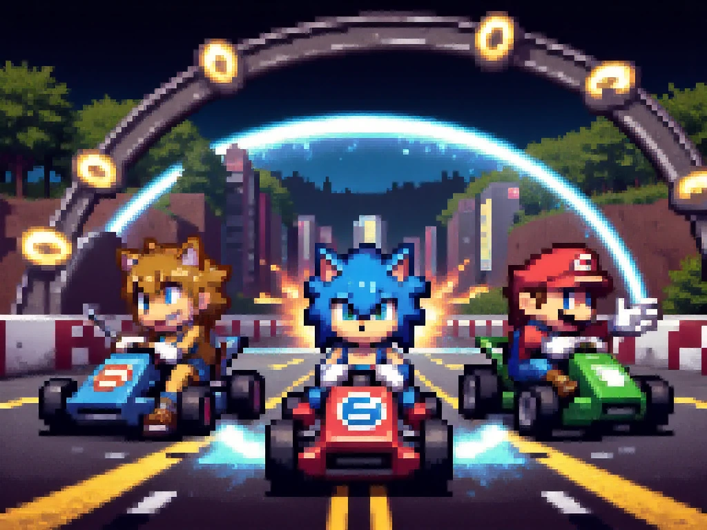 A vibrant, high-energy 2D 32-bit style illustration featuring ((Crash Bandicoot)), ((Sonic the Hedgehog)), and ((Mario)) racing in their unique karts. The racetrack is a dynamic blend of their three iconic universes: a jungle segment with crates (Crash), a loop-de-loop with golden rings (Sonic), and a section filled with pipes and question blocks (Mario). The scene is illuminated with vivid, glowing colors, with realistic reflections on their karts and the track, giving it a polished, futuristic feel. The characters are in action, showcasing their distinctive personalities: Crash with a wild grin, Sonic focused with speed trails, and Mario confidently tossing a red shell. The atmosphere is energetic and playful, capturing the essence of their legendary rivalry.